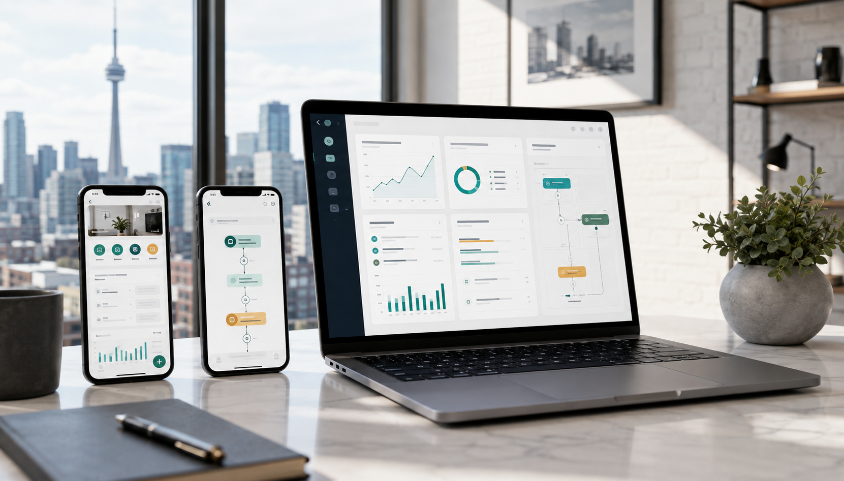 Laptop and phones showing practical web, mobile, analytics, and automation interfaces